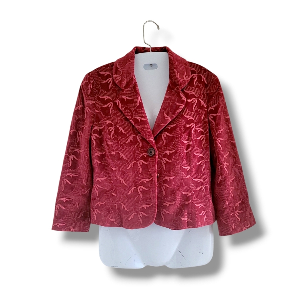 Searle | Cute VTG Burgundy Floral Jacquard 3/4 Sleeve Short Jacket (SIZE 8)
